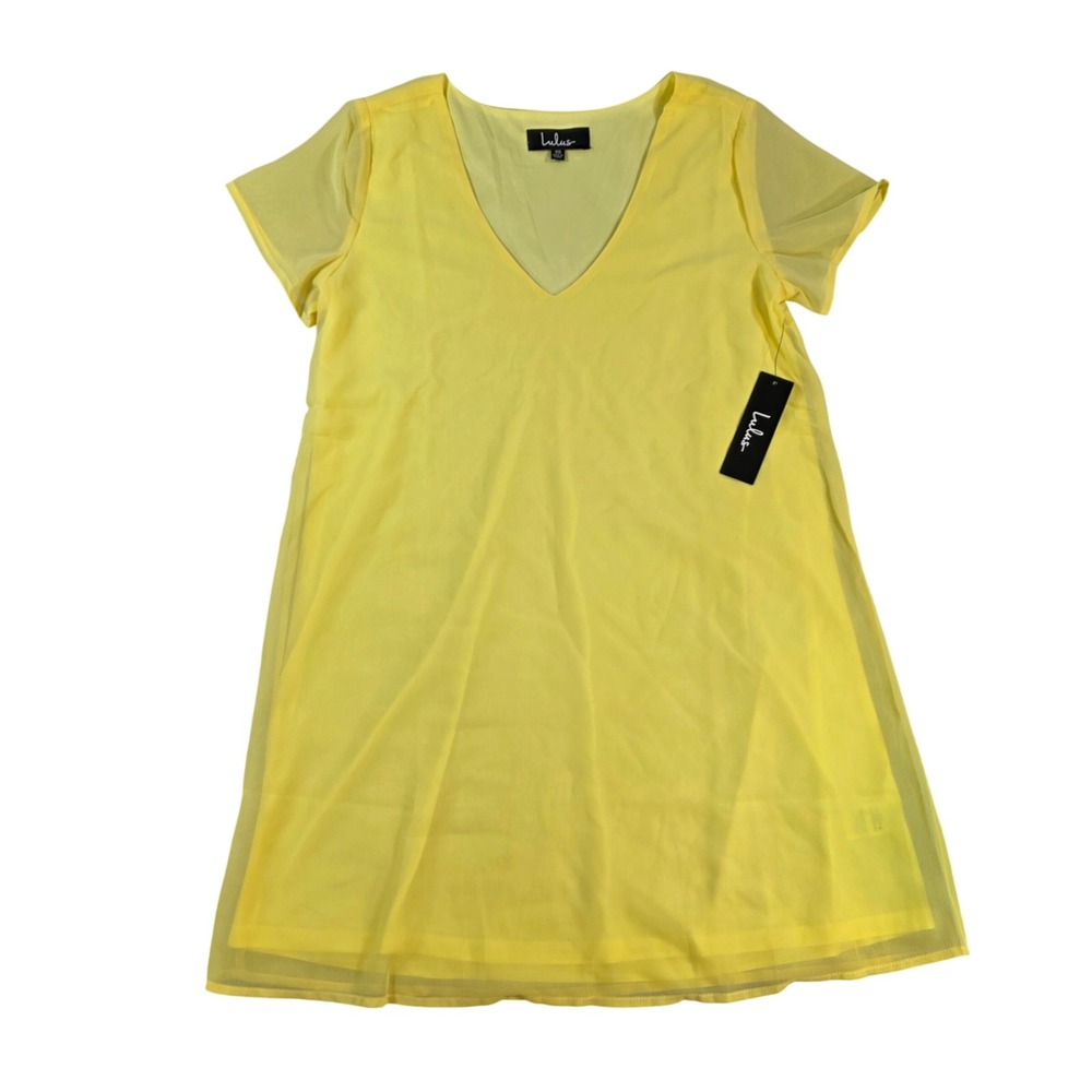 Lulus Freestyle Sheer Sleeve Shift Dress Bright Yellow Chiffon XS Women Mini - Picture 2 of 9